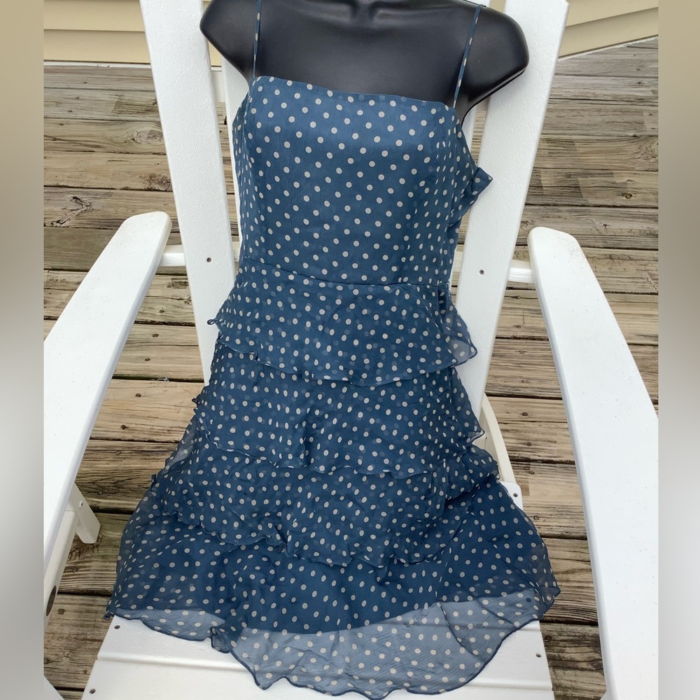BCBG MAXAZRIA Blue Polka Dot Dress 100% Silk Tiered Ruffle  S Sheer Lined Fairy